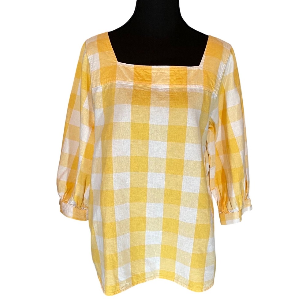 Yellow‎ Gingham Square Neck 3/4 Sleeve Linen Blend Blouse Small 4-6
50s Milkmaid